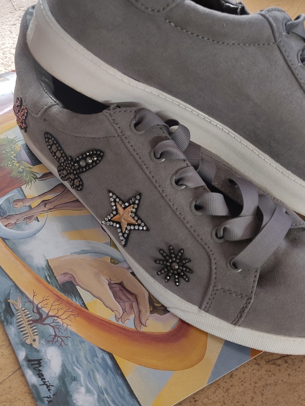 libby. edelman Gray Suede Embellished Lace-Up Sneakers